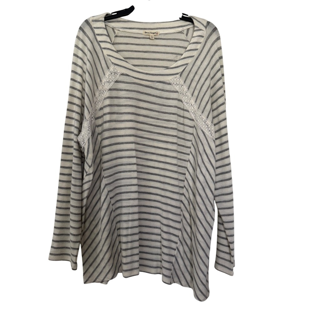 Love on a Hanger Womens 2X Striped Lace Trim Long Sleeve Top Cream Grey NWT
